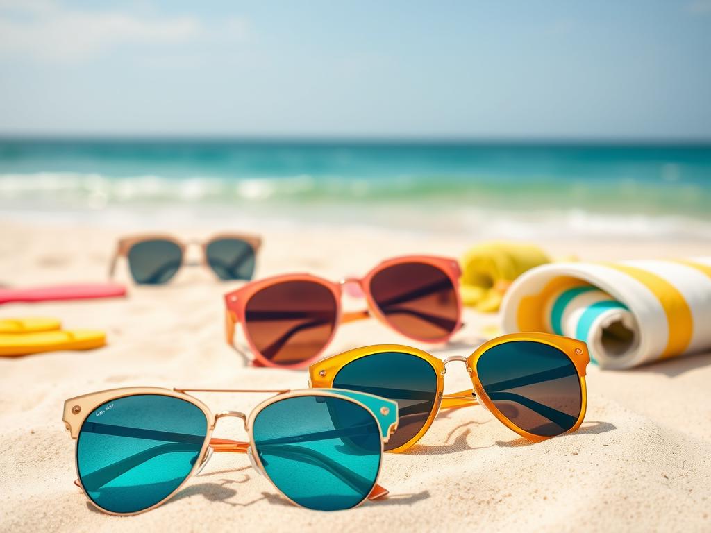 A collection of stylish sunglasses displayed prominently in the foreground, showcasing a variety of designs, including aviator, cat-eye, and oversized frames. The sunglasses should reflect vibrant beach colors like turquoise, coral, and sunny yellow. In the middle ground, soft sand and scattered beach accessories like colorful flip flops and a rolled beach towel can be seen, adding to the beach theme. The background features a serene ocean with gentle waves and a bright blue sky, suggesting a sunny day. The lighting is warm and natural, casting playful shadows and enhancing the glossy finish of the sunglasses. The mood is relaxed and cheerful, evoking the essence of a fun day at the beach, perfect for an article section on beach accessories.