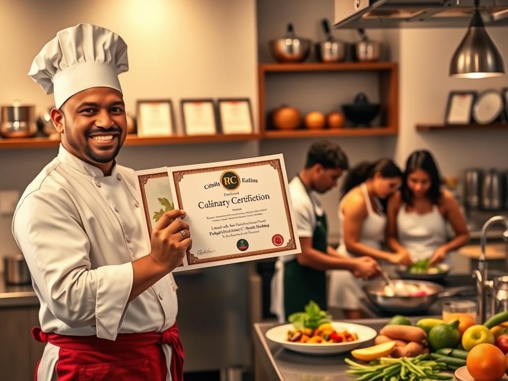 A colorful and inviting image depicting a culinary certification scene. In the foreground, a proud chef, dressed in professional attire, holds up a glossy certification diploma, smiling with enthusiasm. In the middle ground, a diverse group of students gathers around a modern kitchen station, engaged in cooking techniques, working with fresh ingredients like tropical fruits and local spices. The background features a well-lit kitchen adorned with pots, pans, and culinary awards on shelves, emphasizing the importance of academic backing. Soft, warm lighting creates an inviting atmosphere, highlighting the excitement of learning Dominican gastronomy. The angle captures the chef and students in action, showcasing their dedication to culinary arts.
