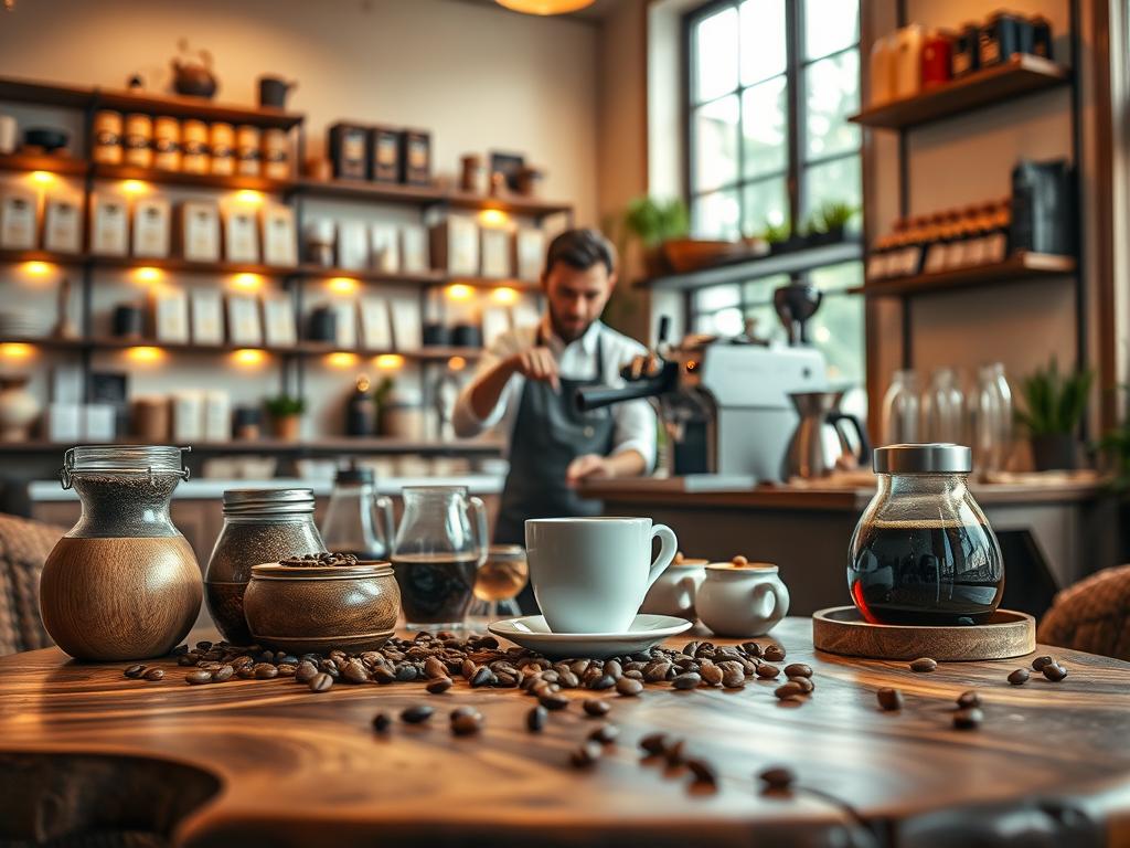A cozy café scene showcasing "café grano," with the foreground featuring a beautifully crafted wooden coffee table adorned with various coffee beans and brewing equipment. In the middle, a skilled barista in a crisp white shirt and apron prepares a cup of gourmet coffee, steam gently rising from the espresso machine. The background reveals a warm, inviting atmosphere with soft, ambient lighting accentuating the cozy interior, including elegant shelves filled with coffee bags and artisan products. A large window allows soft daylight to filter in, casting a gentle glow on the scene. The overall mood is inviting and professional, appealing to coffee enthusiasts looking for high-quality products online. A cozy café scene showcasing "café grano," with the foreground featuring a beautifully crafted wooden coffee table adorned with various coffee beans and brewing equipment. In the middle, a skilled barista in a crisp white shirt and apron prepares a cup of gourmet coffee, steam gently rising from the espresso machine. The background reveals a warm, inviting atmosphere with soft, ambient lighting accentuating the cozy interior, including elegant shelves filled with coffee bags and artisan products. A large window allows soft daylight to filter in, casting a gentle glow on the scene. The overall mood is inviting and professional, appealing to coffee enthusiasts looking for high-quality products online.