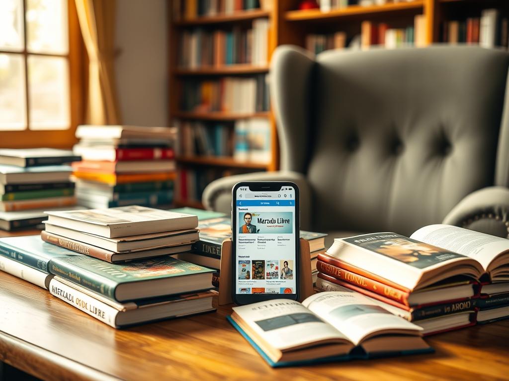 A cozy home office scene featuring a wooden desk filled with an assortment of used books in various conditions, some stacked, others open, showcasing colorful book covers. On the desk, there's a smartphone displaying the Mercado Libre website with books for sale, emphasizing the idea of comparison shopping. In the background, a warm, inviting light filters through a nearby window, casting soft shadows. A comfortable chair is positioned next to the desk, suggesting an inviting atmosphere for reading and selecting books. The focus is on the books and smartphone, with a slight depth of field to accentuate details. The overall mood is relaxed and scholarly, perfect for browsing and choosing the best book deals.