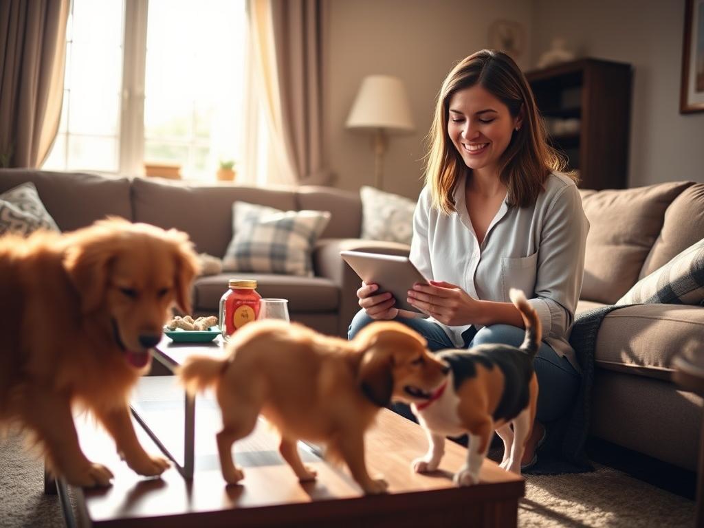 A cozy living room setting featuring a dog sitter in professional casual attire, smiling as she reviews updates on her tablet. In the foreground, a playful golden retriever interacts with a small, excited beagle. The middle ground shows a coffee table adorned with pet care items like treats and toys, while a window in the background allows warm, natural light to flood the room, creating a welcoming atmosphere. Soft shadows enhance the inviting mood. The angle captures the energy of the dogs while focusing on the sitter's engaged expression, highlighting the personal connection between the sitter and the pets. A cozy living room setting featuring a dog sitter in professional casual attire, smiling as she reviews updates on her tablet. In the foreground, a playful golden retriever interacts with a small, excited beagle. The middle ground shows a coffee table adorned with pet care items like treats and toys, while a window in the background allows warm, natural light to flood the room, creating a welcoming atmosphere. Soft shadows enhance the inviting mood. The angle captures the energy of the dogs while focusing on the sitter's engaged expression, highlighting the personal connection between the sitter and the pets.