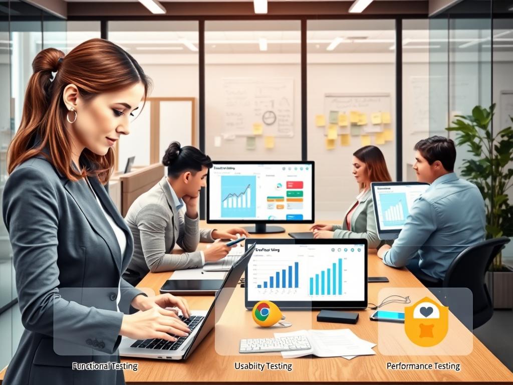 A detailed illustration of various types of app testing processes, showcasing elements like functional testing, usability testing, performance testing, and security testing. In the foreground, a professional-looking woman in business attire examines test results on a laptop, while in the middle, diverse team members collaborate around a table with interactive testing tools and charts. The background features a modern office with glass walls, screens displaying graphs, and post-it notes outlining project specifications. Soft, natural lighting filters through large windows, creating an inviting atmosphere. The overall mood is focused and professional, illustrating teamwork and dedication to quality assurance in real projects. A detailed illustration of various types of app testing processes, showcasing elements like functional testing, usability testing, performance testing, and security testing. In the foreground, a professional-looking woman in business attire examines test results on a laptop, while in the middle, diverse team members collaborate around a table with interactive testing tools and charts. The background features a modern office with glass walls, screens displaying graphs, and post-it notes outlining project specifications. Soft, natural lighting filters through large windows, creating an inviting atmosphere. The overall mood is focused and professional, illustrating teamwork and dedication to quality assurance in real projects.