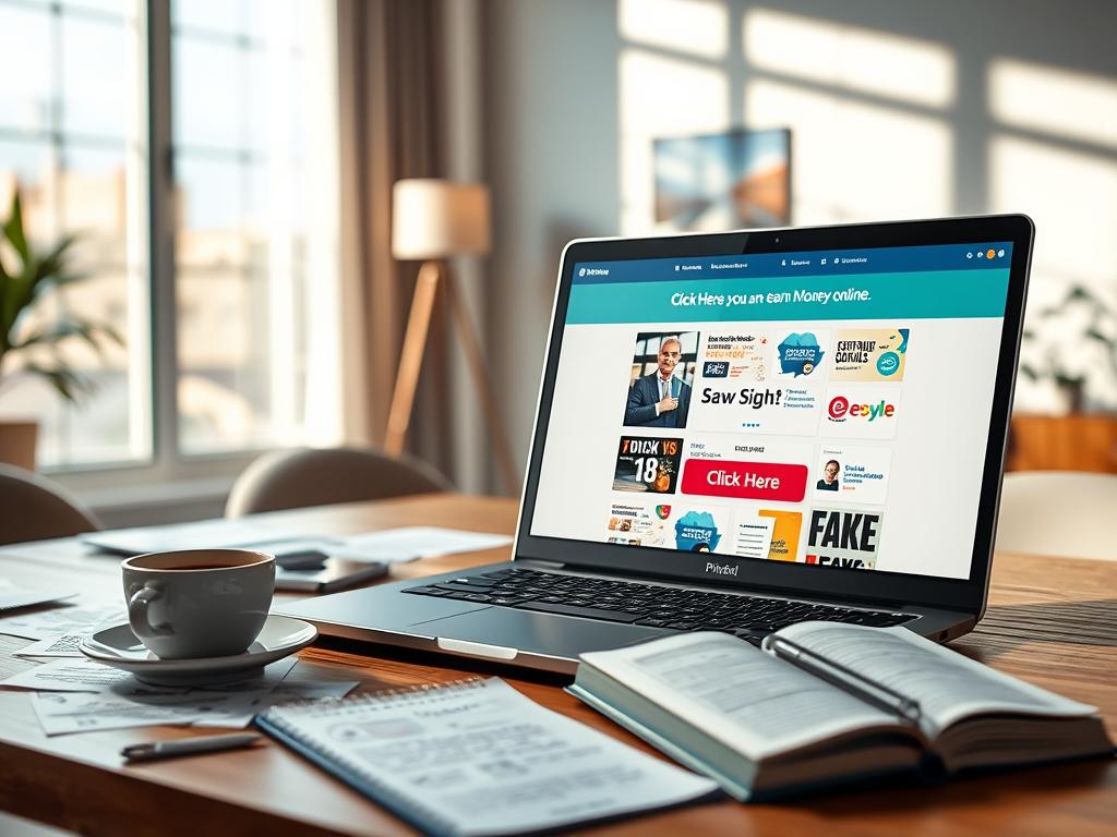 A digital workspace showcasing the essence of online advertisement interactions for PrizeRebel. In the foreground, a laptop open to a vibrant interface displaying various clickable ads, with an inviting "Click Here" button highlighted. Surrounding the laptop are scattered papers featuring statistics and user testimonials. In the middle ground, a cozy desk with a cup of coffee and a notepad filled with notes on earning money online, reflecting an air of productivity. The background features a modern, well-lit room with a large window allowing natural light to pour in, creating a warm atmosphere. Soft shadows and a blurred effect on the background enhance focus on the foreground. The mood is optimistic and conducive to learning, capturing the essence of how users engage with the platform.
