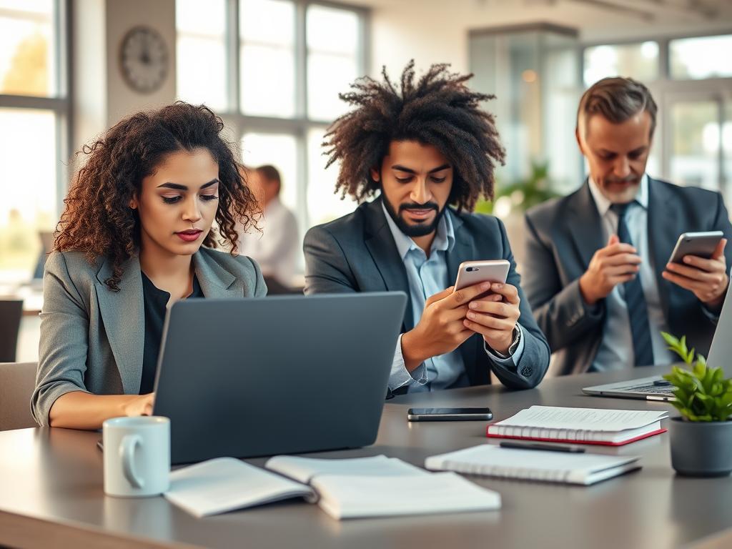 A focused workspace scene depicting a diverse group of professionals engaged in online microtasks. In the foreground, a young woman with curly hair, dressed in a smart casual outfit, is intently working on her laptop, reviewing quality tests. To her right, a middle-aged man in a business suit checks his phone for payment notifications. The middle ground features a modern desk with notebooks, a coffee mug, and a small plant, symbolizing a productive environment. The background showcases a bright office space with large windows allowing natural light to create an inviting atmosphere. The lighting is warm and soft, enhancing the feeling of professionalism and collaboration. Capture the mood of efficiency and flexibility in a remote work setting.