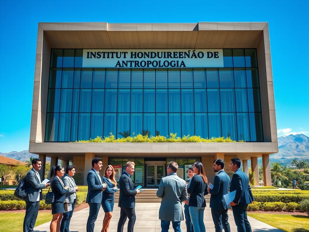 A front view of the Instituto Hondureño de Antropología, showcasing its modern architecture intertwined with traditional elements, set against a clear blue sky. In the foreground, a group of professionals in smart business attire is engaged in a spirited discussion, with laptops and digital tools in hand, symbolizing collaboration and innovation. The middle ground features the institute's main entrance with lush greenery and informative displays about Mayan culture. In the background, hints of distant hills and the vibrant landscape of Honduras. The light is bright and natural, casting soft shadows, creating a welcoming and academic atmosphere. The scene captures a sense of progress and cultural pride, emphasizing the institution's role in promoting heritage and education.
