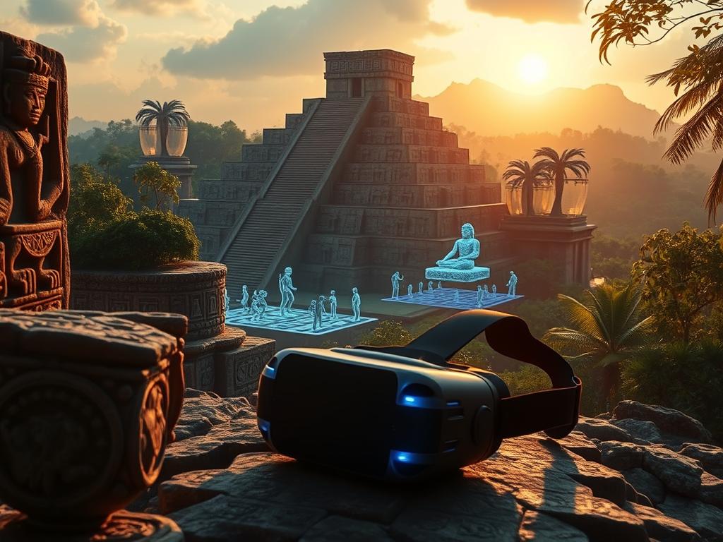 A futuristic Maya acropolis, blending ancient architecture with advanced technology. In the foreground, intricate stone carvings of Mayan deities and hieroglyphics are illuminated by soft, dramatic lighting, highlighting their textures. In the middle ground, lifelike 3D holograms depicting the ceremonial activities and daily life of the Maya people interact with LiDAR-generated representations of the ruins. The background features lush jungle foliage and the silhouette of the acropolis, bathed in early morning light, creating a serene atmosphere. The image is captured from a low angle, giving a sense of grandeur, while a virtual reality headset rests amidst the scene, symbolizing the fusion of ancient heritage with modern tech innovations in archaeology.