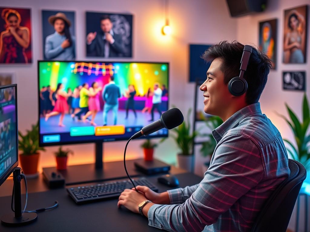 A lively Twitch streaming setup featuring a virtual bachata dance party. In the foreground, a professional-looking young man in casual attire is seated at a desk with a microphone, showcasing his enthusiasm as he interacts with a colorful screen displaying bachata dance moves. The middle layer features vibrant graphics of dancing couples animated on the screen, surrounded by musical notes. In the background, soft lighting casts a warm glow over the room, and decorative elements like posters of bachata artists and potted plants create an inviting atmosphere. The overall mood is energetic and festive, capturing the essence of streaming bachata music and dance on Twitch, ideal for engaging viewers searching for entertaining content.