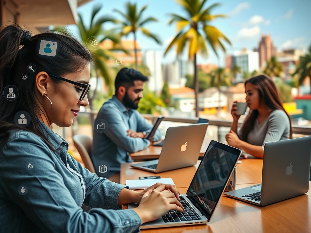 A lively scene showcasing a diverse group of people engaged in various microtasks on their laptops and smartphones, representing the concept of "gigs." In the foreground, a young woman in professional casual attire is focused on her screen, with visible icons of popular gig platforms hovering around her. In the middle ground, a man and woman are discussing work over coffee at a modern café, highlighting collaboration and networking. The background features a vibrant cityscape of Santo Domingo, Dominican Republic, with palm trees and colorful buildings under a clear blue sky. Soft, warm lighting enhances a friendly and motivating atmosphere, captured from a slight angle to give depth to the scene. A lively scene showcasing a diverse group of people engaged in various microtasks on their laptops and smartphones, representing the concept of "gigs." In the foreground, a young woman in professional casual attire is focused on her screen, with visible icons of popular gig platforms hovering around her. In the middle ground, a man and woman are discussing work over coffee at a modern café, highlighting collaboration and networking. The background features a vibrant cityscape of Santo Domingo, Dominican Republic, with palm trees and colorful buildings under a clear blue sky. Soft, warm lighting enhances a friendly and motivating atmosphere, captured from a slight angle to give depth to the scene.