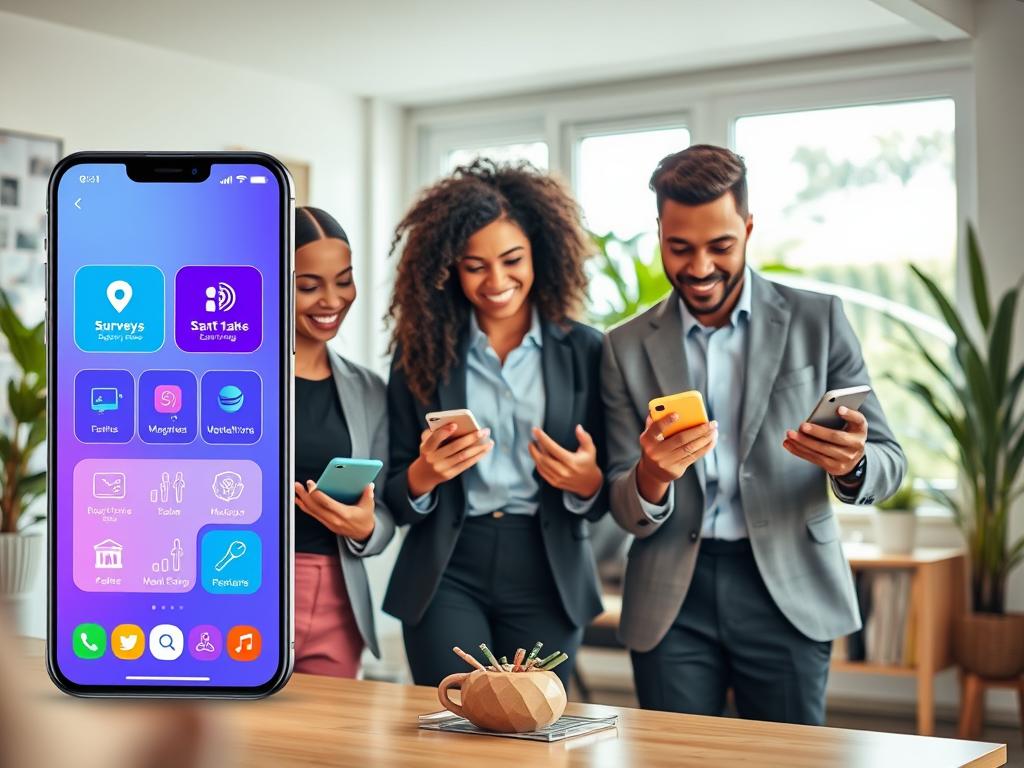 A modern and engaging mobile application interface displayed prominently in the foreground, showcasing features like surveys, games, and additional tasks. The app interface is vibrant with visually appealing colors and user-friendly navigation icons. In the middle ground, depict a diverse group of three professionals, dressed in smart casual attire, happily engaging with their mobile devices, embodying the excitement of maximizing online earnings. The background should feature a cozy home office setting with soft lighting, a large window letting in natural light, and decorative plants to create a warm, inviting atmosphere. Capture an overall mood of productivity and enjoyment, emphasizing a seamless blend of work and play as users interact with the application. Focus on clarity and vibrancy in the image to draw the viewer’s attention. A modern and engaging mobile application interface displayed prominently in the foreground, showcasing features like surveys, games, and additional tasks. The app interface is vibrant with visually appealing colors and user-friendly navigation icons. In the middle ground, depict a diverse group of three professionals, dressed in smart casual attire, happily engaging with their mobile devices, embodying the excitement of maximizing online earnings. The background should feature a cozy home office setting with soft lighting, a large window letting in natural light, and decorative plants to create a warm, inviting atmosphere. Capture an overall mood of productivity and enjoyment, emphasizing a seamless blend of work and play as users interact with the application. Focus on clarity and vibrancy in the image to draw the viewer’s attention.