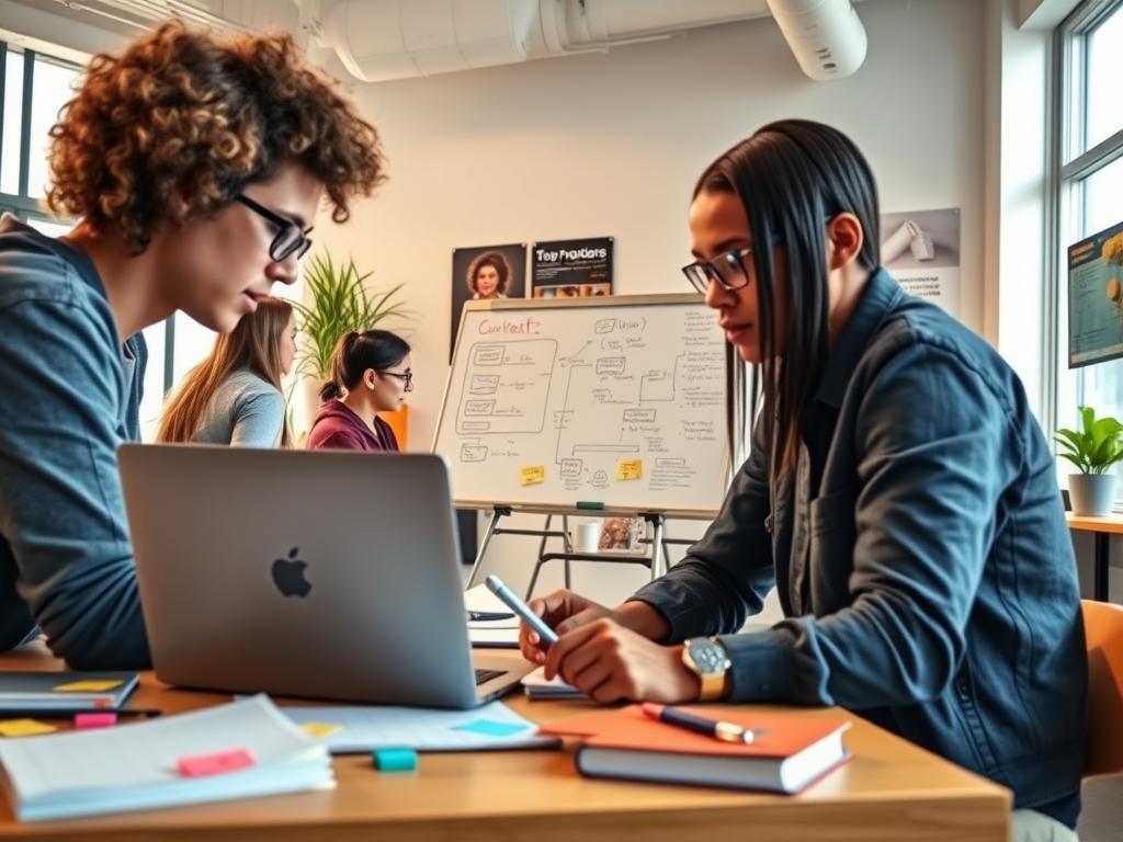 A modern classroom scene featuring a diverse group of students engaged in collaborative programming projects. In the foreground, two students, one with curly hair and glasses, the other with straight hair, focus on a laptop displaying coding software, surrounded by notebooks and colorful sticky notes. In the middle, a whiteboard filled with project ideas and flowcharts illustrates their planning process, while a few programming books are scattered around them. The background captures a bright, open learning environment with large windows letting in natural light, plants by the wall, and tech-related posters. The atmosphere is energetic and inspiring, showcasing teamwork and creativity in a professional yet casual setting. The image is illuminated with warm, inviting lighting, creating a sense of focus and collaboration.