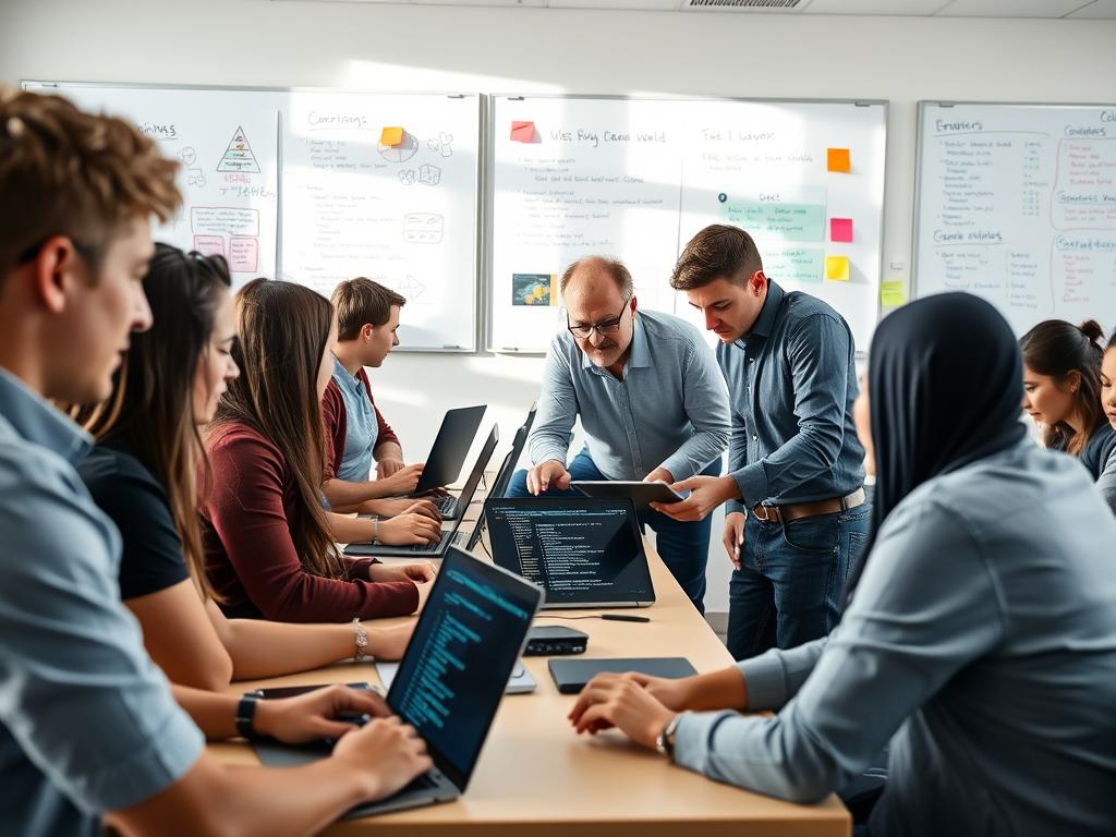 A modern classroom setting filled with students engaged in personalized programming lessons. In the foreground, a diverse group of students, both male and female, dressed in smart casual attire, actively collaborating at laptops, with lines of code displayed on their screens. In the middle ground, a knowledgeable instructor—wearing professional attire—guides a student one-on-one, pointing at a digital tablet filled with programming concepts. The background features whiteboards covered with programming diagrams and colorful sticky notes. Natural light floods the room, creating a bright and positive atmosphere, with soft shadows adding depth. The shot is taken from a slightly elevated angle, emphasizing the interactive learning environment that embodies the fundamentals of programming.