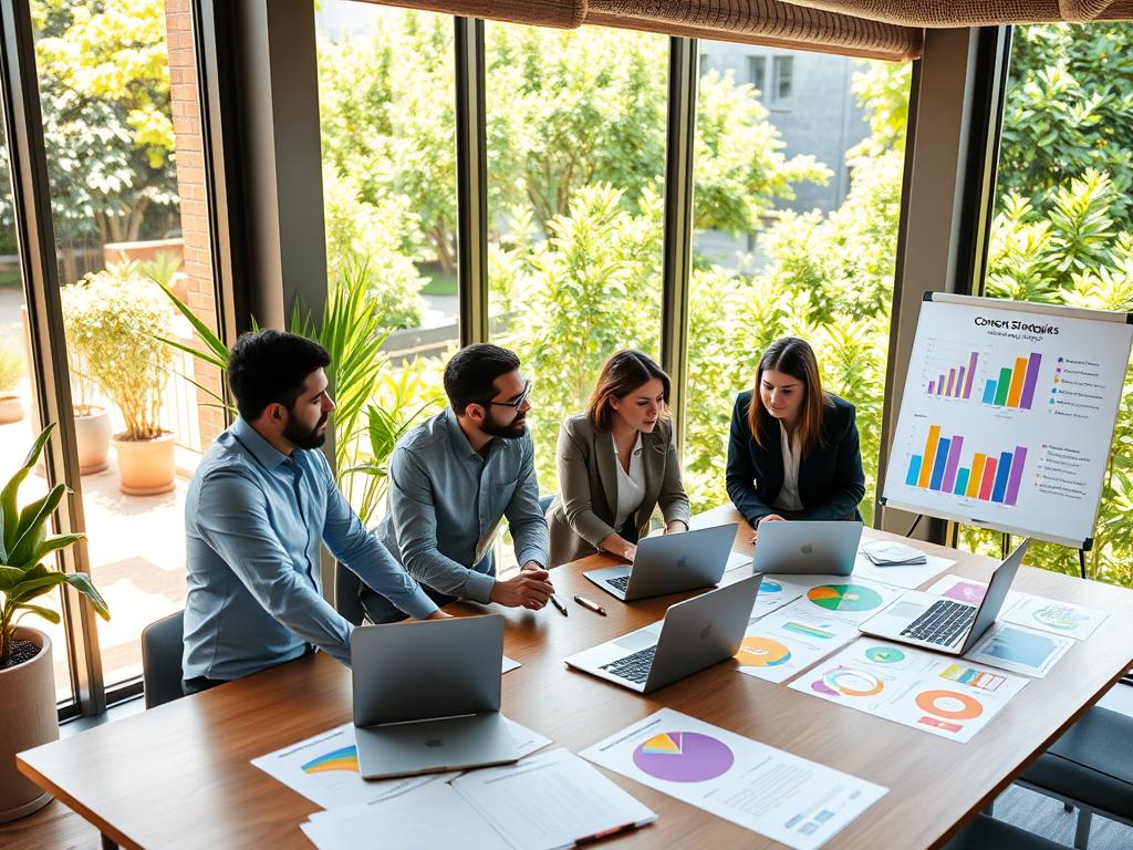 A modern co-working space designed for digital marketing professionals, featuring a large table with laptops and vibrant blueprints on content strategies. In the foreground, a diverse group of four professionals—two men and two women—are engaged in brainstorming, dressed in smart casual business attire. The sunlight streams through expansive windows, casting a warm and inviting glow. In the middle ground, a whiteboard showcases colorful charts and graphs related to content strategies that drive direct bookings for resorts. The background showcases a lush green garden visible through the windows, enhancing the atmosphere of creativity and collaboration. Capture the scene from a slight overhead angle to emphasize teamwork and innovation, evoking a sense of inspiration and strategic thinking.