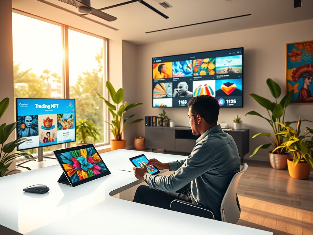 A modern digital art studio setting, showcasing a sleek, high-tech workspace dedicated to the creation and sale of Caribbean art NFTs. In the foreground, a person in professional casual attire sits at a large, illuminated desk, intently working on a tablet with vivid digital artwork displayed. The middle ground features a large screen showcasing trending NFT platforms with colorful Caribbean-themed artworks rotating dynamically. In the background, large windows let in warm sunlight, creating a cozy, inviting atmosphere. The room is decorated with vibrant tropical plants and colorful art pieces on the walls, exuding creativity and innovation. The lighting is soft and warm, enhancing the mood of inspiration and possibility. A wide-angle view captures this dynamic space, emphasizing both the technology and the artistic elements. A modern digital art studio setting, showcasing a sleek, high-tech workspace dedicated to the creation and sale of Caribbean art NFTs. In the foreground, a person in professional casual attire sits at a large, illuminated desk, intently working on a tablet with vivid digital artwork displayed. The middle ground features a large screen showcasing trending NFT platforms with colorful Caribbean-themed artworks rotating dynamically. In the background, large windows let in warm sunlight, creating a cozy, inviting atmosphere. The room is decorated with vibrant tropical plants and colorful art pieces on the walls, exuding creativity and innovation. The lighting is soft and warm, enhancing the mood of inspiration and possibility. A wide-angle view captures this dynamic space, emphasizing both the technology and the artistic elements.