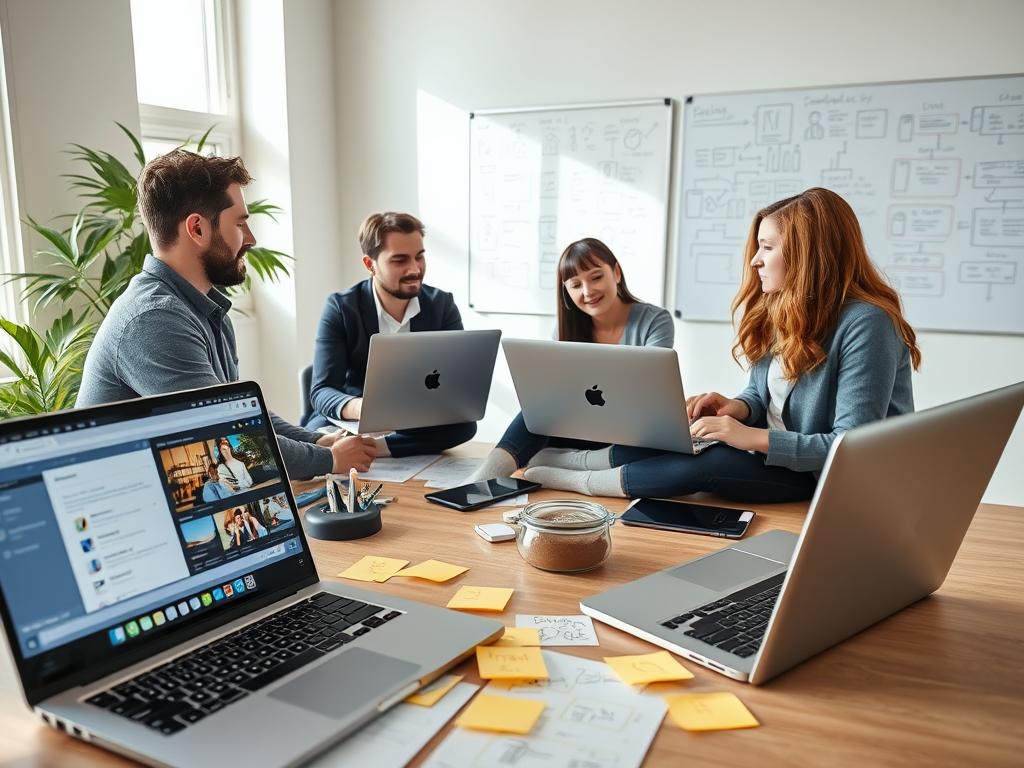 A modern home office setup for remote usability testing, featuring a laptop open to a usability testing platform interface. In the foreground, a diverse group of three professionals, one male and two female, dressed in smart casual attire, are engaged in a video call on their laptops, discussing screen layouts and user interactions. The middle of the image includes sticky notes and sketches of user interfaces scattered across a desk, symbolizing brainstorming and planning. Soft, natural light streams through a window, illuminating the workspace. In the background, a whiteboard displays flowcharts and ideas related to user experience design. The atmosphere conveys collaboration, focus, and innovation in a tech-savvy environment. A modern home office setup for remote usability testing, featuring a laptop open to a usability testing platform interface. In the foreground, a diverse group of three professionals, one male and two female, dressed in smart casual attire, are engaged in a video call on their laptops, discussing screen layouts and user interactions. The middle of the image includes sticky notes and sketches of user interfaces scattered across a desk, symbolizing brainstorming and planning. Soft, natural light streams through a window, illuminating the workspace. In the background, a whiteboard displays flowcharts and ideas related to user experience design. The atmosphere conveys collaboration, focus, and innovation in a tech-savvy environment.