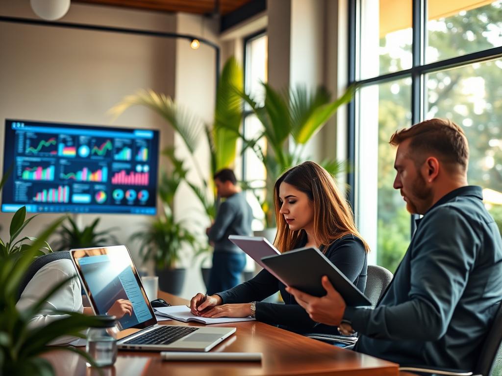 A modern office setting in a resort's social media management hub, featuring a diverse team of professionals engaged in optimizing their online presence. In the foreground, a woman in smart casual attire analyzes data on a laptop, while a man beside her sketches ideas on a digital tablet. The middle ground shows a large screen displaying colorful graphs and social media metrics. In the background, plants and large windows letting in warm sunlight create a vibrant, welcoming atmosphere. A soft glow from the screens enhances the focus on their task, reflecting a collaborative and innovative mood. The shot is taken with a slight angle, emphasizing teamwork and professionalism without any distractions.