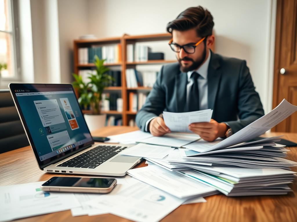 A modern office workspace, focusing on a wooden desk strewn with various survey forms and digital devices. In the foreground, a sleek laptop displays a colorful online survey interface, while a smartphone beside it shows notifications for new offers. A professional individual in smart business attire, with glasses, is thoughtfully reviewing the survey materials, appearing engaged and curious. In the middle background, a soft-focus bookshelf filled with marketing books and a potted plant adds warmth to the scene. The lighting is bright and inviting, creating a productive atmosphere, with natural light filtering through a nearby window. The angle captures both the desk and the person, emphasizing their interaction with the surveys, creating a sense of engagement and focus on the task at hand.