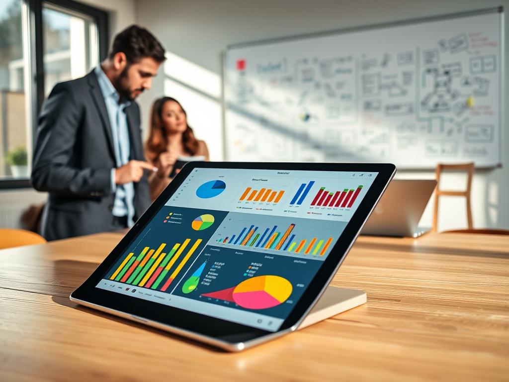 A modern, visually engaging workspace showcasing usability testing results, divided into layers for clarity. In the foreground, a sleek digital tablet displays colorful graphs, pie charts, and user feedback analysis, all set on a clean wooden desk. The middle ground features a professional team of three individuals in business attire, intently discussing the data. One person points at the tablet with a pen, while another takes notes on a laptop. In the background, a whiteboard filled with sticky notes and brainstorming sketches emphasizes a collaborative environment. Natural light streams through a large window, casting soft shadows and creating an inviting atmosphere. The mood is focused and analytical, highlighting the importance of data-driven design improvements in user experience. A modern, visually engaging workspace showcasing usability testing results, divided into layers for clarity. In the foreground, a sleek digital tablet displays colorful graphs, pie charts, and user feedback analysis, all set on a clean wooden desk. The middle ground features a professional team of three individuals in business attire, intently discussing the data. One person points at the tablet with a pen, while another takes notes on a laptop. In the background, a whiteboard filled with sticky notes and brainstorming sketches emphasizes a collaborative environment. Natural light streams through a large window, casting soft shadows and creating an inviting atmosphere. The mood is focused and analytical, highlighting the importance of data-driven design improvements in user experience.