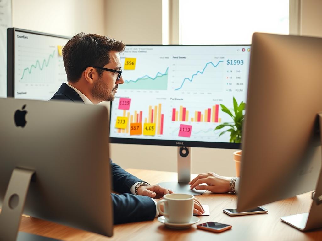 A modern workspace with a computer displaying detailed graphs and charts representing earnings from online ads, specifically tailored for clicks in Bolivia. In the foreground, a business professional in smart casual attire studies the data with a focused expression. Surrounding them are colorful sticky notes with figures and reminders, hinting at various strategies for optimizing income. The middle ground features a cozy desk with a coffee cup and a smartphone, symbolizing a balanced work environment. The background includes a bright window letting in natural light, creating an optimistic and productive atmosphere. Use soft, warm lighting to emphasize the positivity and realism of the scene, shot from a slightly elevated angle to capture both the professional and the workspace effectively.