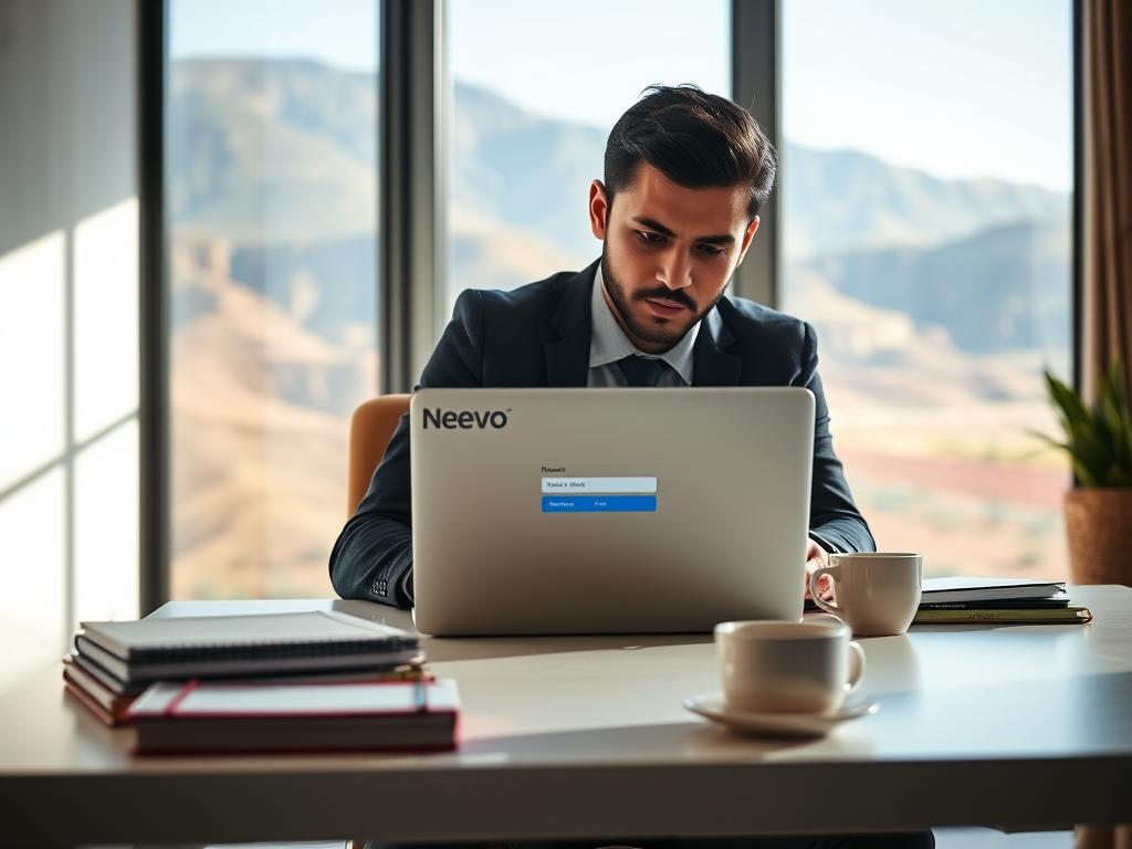A professional Bolivian man in business attire sits at a modern, minimalist desk in a well-lit home office, focused on his laptop screen. In the foreground, there's a sleek, organized workspace featuring a neat stack of notebooks and a cup of coffee. The man, with a determined expression, is creating an online account for microtasks on Neevo, illustrating the concept of remote work. In the middle, we see the laptop displaying the Neevo registration page, while the background features a colorful Bolivian landscape visible through a large window, adding a touch of cultural context. The overall mood is one of ambition and opportunity, with soft natural lighting illuminating the scene to create a warm and inviting atmosphere.