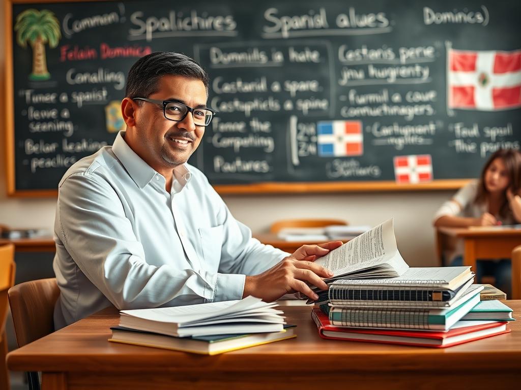 A professional Spanish teacher in a cozy classroom setting, sitting at a wooden desk filled with colorful textbooks and notebooks. The teacher, a middle-aged Latino man, is wearing a crisp white shirt and glasses, looking approachable and engaged as he interacts with versatile learning materials. In the background, a chalkboard displays common Spanish phrases and conjugations, adorned with images of Dominican cultural elements like palm trees and the national flag. Soft, warm lighting creates an inviting atmosphere, casting gentle shadows that enhance the room's welcoming feel. The focus is on the teacher as he demonstrates effective communication, demonstrating a blend of professionalism and warmth. A slightly blurred view of students can be seen in the background, creating an inclusive learning environment.