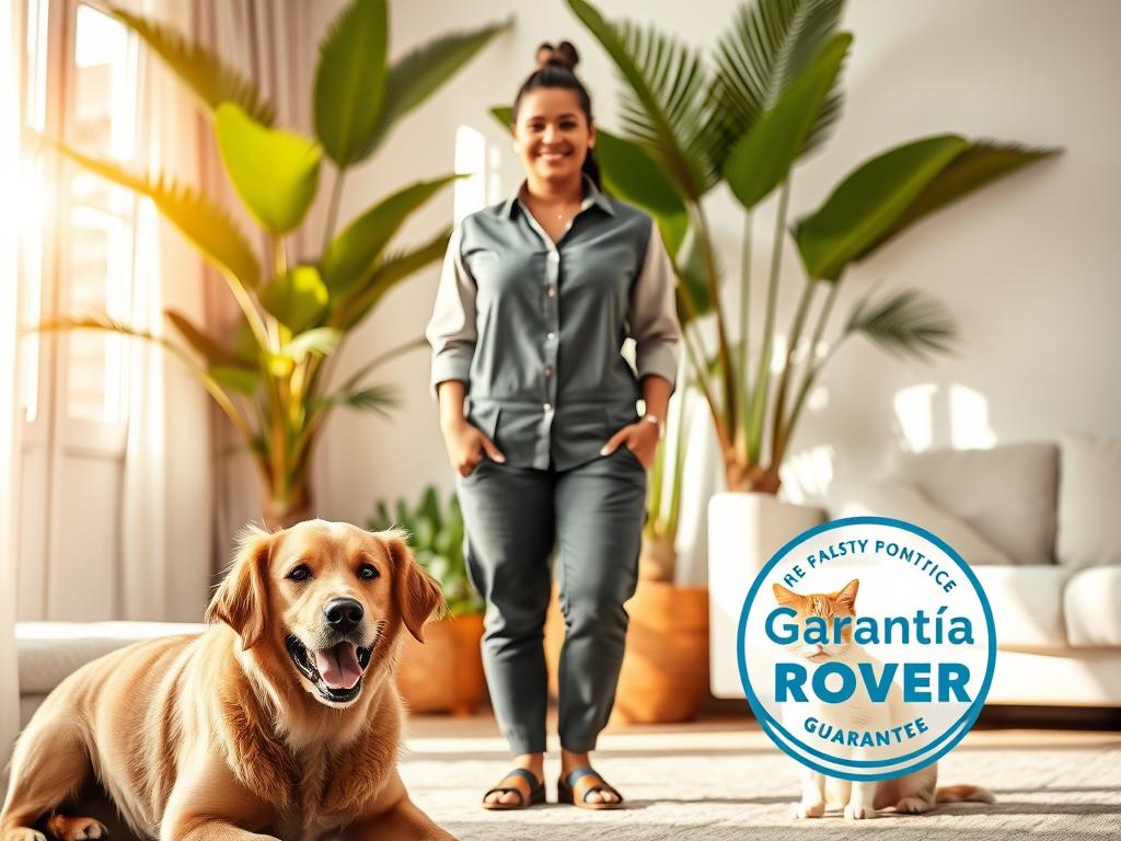 A professional and inviting scene showcasing the "Garantía Rover" concept in pet care services in the Dominican Republic. In the foreground, a content dog and a relaxed cat, both in a bright, cozy living room, symbolize a happy pet environment. In the middle, a friendly pet caretaker in casual, modest attire stands with a reassuring smile, showcasing trust and quality service. The background features lush tropical plants and warm natural light streaming through a window, creating an inviting and tranquil atmosphere. Soft shadows enhance the scene’s warmth. The overall mood is calm and reassuring, emphasizing safety and quality in pet care, underpinned by the Rover guarantee. A professional and inviting scene showcasing the "Garantía Rover" concept in pet care services in the Dominican Republic. In the foreground, a content dog and a relaxed cat, both in a bright, cozy living room, symbolize a happy pet environment. In the middle, a friendly pet caretaker in casual, modest attire stands with a reassuring smile, showcasing trust and quality service. The background features lush tropical plants and warm natural light streaming through a window, creating an inviting and tranquil atmosphere. Soft shadows enhance the scene’s warmth. The overall mood is calm and reassuring, emphasizing safety and quality in pet care, underpinned by the Rover guarantee.