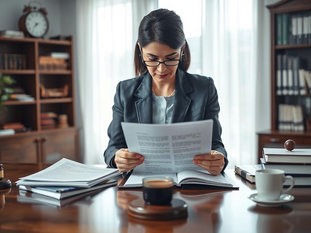 A professional and serene legal translation office scene, showcasing a focused translator at work. In the foreground, a middle-aged Hispanic woman, dressed in smart business attire, intently reviews a legal document, with a high-quality magnifying glass beside her and a digital tablet displaying bilingual text. The middle layer features an elegant wooden desk cluttered with files, bilingual dictionaries, and a steaming cup of coffee, emphasizing the translation process's meticulous nature. In the background, soft natural light filters through a large window, illuminating bookshelves lined with legal texts and a wall clock, suggesting time management. The overall mood is calm, precise, and professional, encapsulating the essence of confidentiality and quality control in legal translation. A professional and serene legal translation office scene, showcasing a focused translator at work. In the foreground, a middle-aged Hispanic woman, dressed in smart business attire, intently reviews a legal document, with a high-quality magnifying glass beside her and a digital tablet displaying bilingual text. The middle layer features an elegant wooden desk cluttered with files, bilingual dictionaries, and a steaming cup of coffee, emphasizing the translation process's meticulous nature. In the background, soft natural light filters through a large window, illuminating bookshelves lined with legal texts and a wall clock, suggesting time management. The overall mood is calm, precise, and professional, encapsulating the essence of confidentiality and quality control in legal translation.