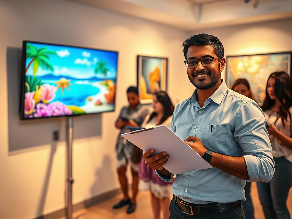 A professional artist, dressed in smart casual attire, stands confidently in a well-lit gallery showcasing vibrant Caribbean NFTs. In the foreground, a digital screen displays eye-catching artwork inspired by tropical landscapes, complete with vivid colors and intricate designs. The artist holds a clipboard with notes on pricing strategies, symbolizing the importance of valuation. In the middle ground, a diverse group of art enthusiasts engages in discussion, analyzing art pieces while holding tablets that show market trends. The background features lively wall art and soft lighting that creates an inviting atmosphere. The scene captures a sense of collaboration and excitement, emphasizing the dynamic process of setting prices in the NFT art market. Use warm, inviting lighting to enhance the creative ambiance, evoking a feeling of opportunity and potential. A professional artist, dressed in smart casual attire, stands confidently in a well-lit gallery showcasing vibrant Caribbean NFTs. In the foreground, a digital screen displays eye-catching artwork inspired by tropical landscapes, complete with vivid colors and intricate designs. The artist holds a clipboard with notes on pricing strategies, symbolizing the importance of valuation. In the middle ground, a diverse group of art enthusiasts engages in discussion, analyzing art pieces while holding tablets that show market trends. The background features lively wall art and soft lighting that creates an inviting atmosphere. The scene captures a sense of collaboration and excitement, emphasizing the dynamic process of setting prices in the NFT art market. Use warm, inviting lighting to enhance the creative ambiance, evoking a feeling of opportunity and potential.