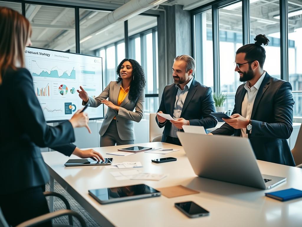 A professional business setting depicting a diverse group of small business owners collaborating on a network strategy. In the foreground, a well-dressed woman is pointing at a digital presentation on a screen, showing graphs and network diagrams. Beside her, a man in a suit is taking notes, while another person in smart casual attire is engaging with a laptop, showcasing data analytics. The middle ground features a sleek conference table with digital devices and notes scattered around, symbolizing active brainstorming. The background consists of modern office decor with large windows allowing natural light to illuminate the space, creating a bright and optimistic atmosphere. The image should convey a sense of teamwork, innovation, and professionalism, with a balanced composition and a slightly angled perspective for depth. A professional business setting depicting a diverse group of small business owners collaborating on a network strategy. In the foreground, a well-dressed woman is pointing at a digital presentation on a screen, showing graphs and network diagrams. Beside her, a man in a suit is taking notes, while another person in smart casual attire is engaging with a laptop, showcasing data analytics. The middle ground features a sleek conference table with digital devices and notes scattered around, symbolizing active brainstorming. The background consists of modern office decor with large windows allowing natural light to illuminate the space, creating a bright and optimistic atmosphere. The image should convey a sense of teamwork, innovation, and professionalism, with a balanced composition and a slightly angled perspective for depth.