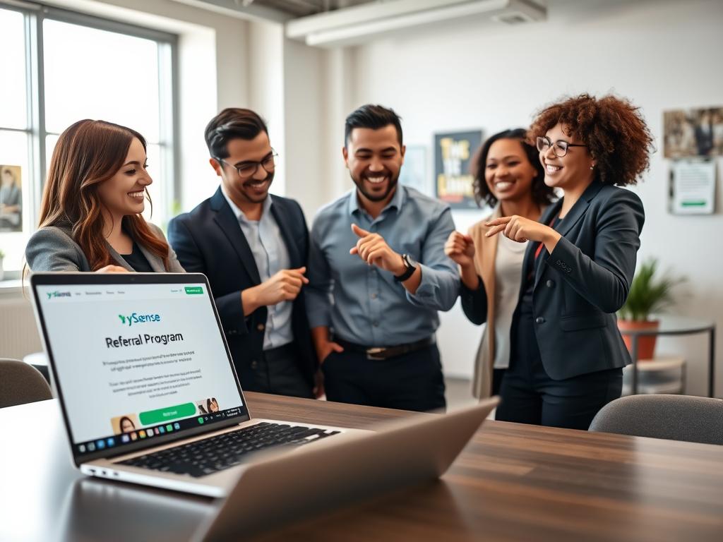 A professional business setting with a laptop on a modern desk displaying the ySense referral program webpage. In the foreground, a diverse group of three individuals – a woman with long brown hair in a smart blazer, a man with short hair in a business shirt, and a woman with curly hair in a casual yet professional outfit, animatedly discussing and pointing at the screen. The middle background features a bright office with natural light pouring through large windows, softly illuminating a potted plant and some motivational posters on the walls. The overall atmosphere is collaborative and engaging, highlighting teamwork and the excitement of sharing referral links. The image is captured in a wide-angle, emphasizing teamwork, with a soft focus on the people and a clear view of the laptop screen.