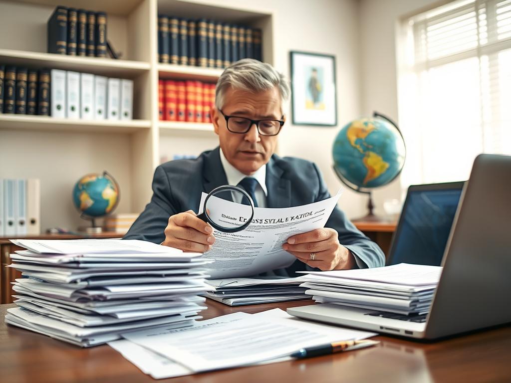 A professional legal translator is seated at a desk, surrounded by stacks of legal documents in both English and Spanish. The foreground features the translator, a focused middle-aged person in smart business attire, diligently reviewing contracts with a magnifying glass. In the middle ground, highlighted documents include a certification and credentials, indicating their qualification. The background presents a well-organized office with legal books on shelves, a globe, and a laptop open with translation software visible. The lighting is bright and inviting, emanating a warm atmosphere, suggesting professionalism and reliability. The angle is slightly elevated, capturing both the translator’s concentration and the workspace ambiance. A professional legal translator is seated at a desk, surrounded by stacks of legal documents in both English and Spanish. The foreground features the translator, a focused middle-aged person in smart business attire, diligently reviewing contracts with a magnifying glass. In the middle ground, highlighted documents include a certification and credentials, indicating their qualification. The background presents a well-organized office with legal books on shelves, a globe, and a laptop open with translation software visible. The lighting is bright and inviting, emanating a warm atmosphere, suggesting professionalism and reliability. The angle is slightly elevated, capturing both the translator’s concentration and the workspace ambiance.