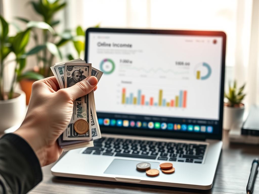 A professional, serene office environment showcasing a desktop with a laptop displaying a financial dashboard. In the foreground, focus on a hand holding banknotes and coins, symbolizing payments and rewards. In the middle, the laptop screen should exhibit charts and graphs reflecting income from online advertising. The background features soft, natural lighting filtering through a window, creating a warm atmosphere, with potted plants and a tidy desk enhancing the professional vibe. Use a slightly elevated angle to capture the details on the laptop screen and the currency in the foreground, evoking a sense of accomplishment and motivation in the context of financial transactions.