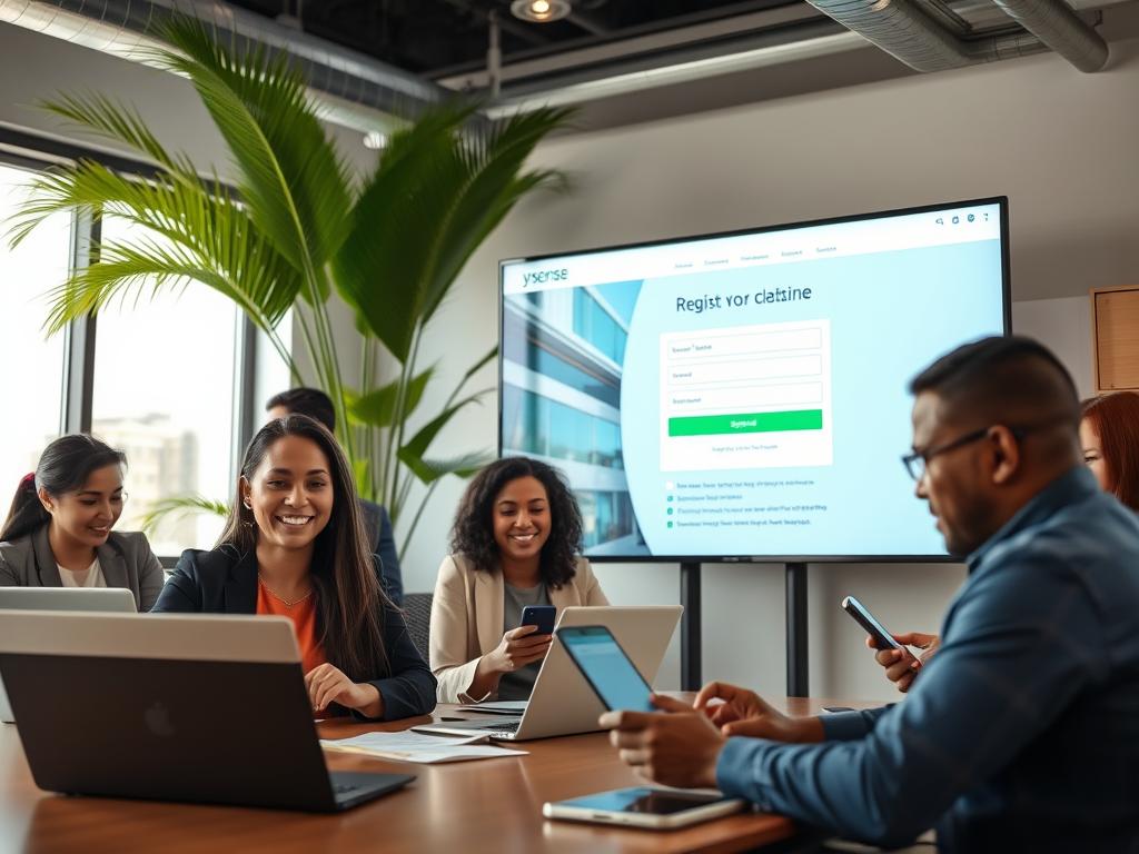 A professional setting illustrating the process of registration on the ySense platform from the Dominican Republic. In the foreground, a diverse group of individuals, including a woman and a man dressed in smart casual attire, are engaged with laptops and mobile devices, focused and smiling. The middle ground features a large screen displaying the ySense website interface, showcasing a user-friendly registration form. The background shows a modern office environment with tropical plants and windows, allowing natural light to fill the room, creating an inviting atmosphere. The angle is slightly overhead, emphasizing the collaborative environment. The overall mood is positive and inspiring, highlighting opportunity and digital engagement.