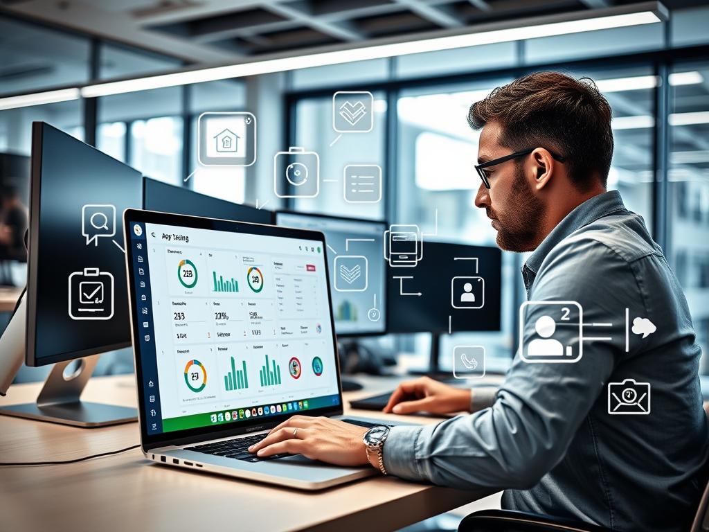 A professional tester seated at a modern desk in a well-lit office, deeply focused on multiple screens displaying app testing data and analytics. In the foreground, a close-up of a laptop screen shows a user-friendly application interface with various testing metrics highlighted. The middle ground includes abstract icons representing testing processes, such as checkmarks, error messages, and user feedback, visually illustrating the testing workflow. The background features a sleek office space with a large window allowing natural light to pour in, enhancing the collaborative atmosphere. The overall mood is one of productivity and innovation, highlighting the rigorous process of app testing with a high degree of professionalism. A professional tester seated at a modern desk in a well-lit office, deeply focused on multiple screens displaying app testing data and analytics. In the foreground, a close-up of a laptop screen shows a user-friendly application interface with various testing metrics highlighted. The middle ground includes abstract icons representing testing processes, such as checkmarks, error messages, and user feedback, visually illustrating the testing workflow. The background features a sleek office space with a large window allowing natural light to pour in, enhancing the collaborative atmosphere. The overall mood is one of productivity and innovation, highlighting the rigorous process of app testing with a high degree of professionalism.