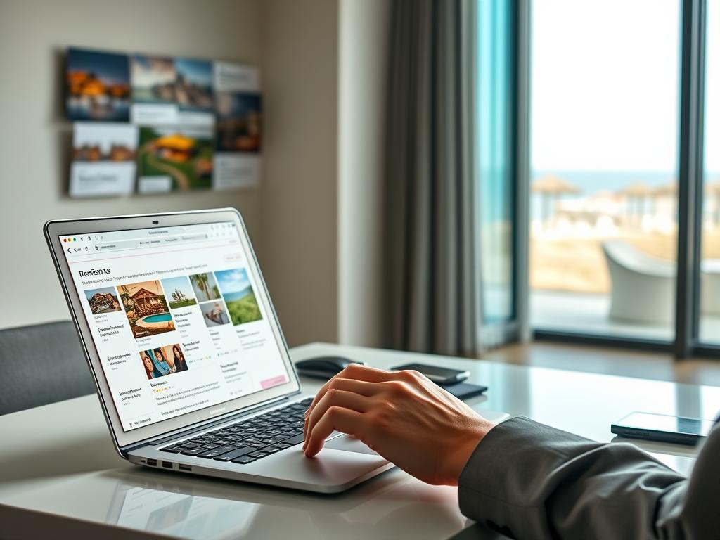 A professional workspace featuring a modern desk filled with a laptop, open on a website showing a variety of online reviews and ratings. In the foreground, a person in business attire is attentively typing a response, reflecting engagement with customer feedback. The middle ground includes diverse photographs of resorts on the screen, highlighting their branding and customer testimonials. The background shows a tranquil beachfront view through a large window, symbolizing a popular tourist destination. Soft, natural lighting illuminates the space, creating a calm and productive atmosphere. The angle captures the action of managing online reviews, emphasizing the importance of reputation management in the hospitality industry. Overall, the mood is focused and professional, showcasing the significance of customer service in online platforms.