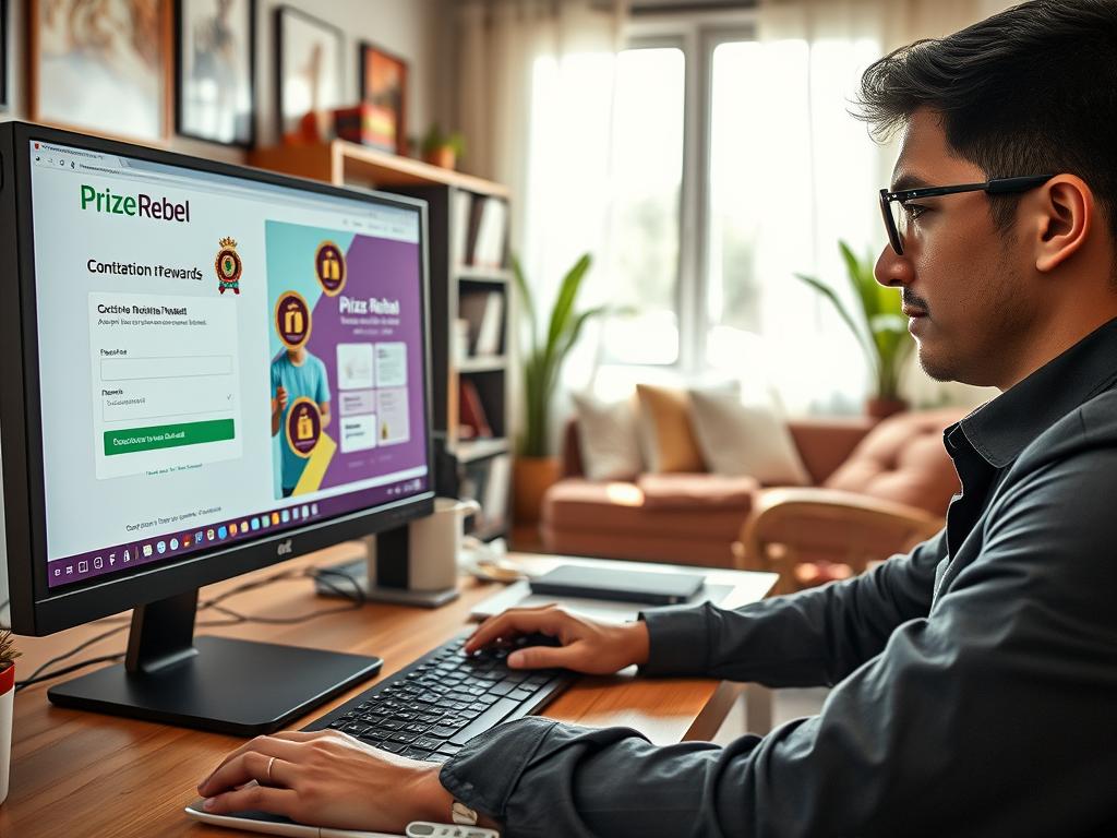 A professional workspace in Bolivia, featuring a desktop computer displaying the PrizeRebel registration page with vibrant graphics highlighting rewards. In the foreground, a diligent Bolivian user in smart casual clothing intently navigates the website, focusing on the account setup process. The middle ground shows a clear view of motivational elements like reward images and clicks on advertisements. In the background, a cozy room filled with colorful Bolivian decor and natural light streaming through a window creates an inviting atmosphere. The scene captures a sense of determination and excitement, encouraging users to engage with the platform, while ensuring a clean, clutter-free environment devoid of distractions.