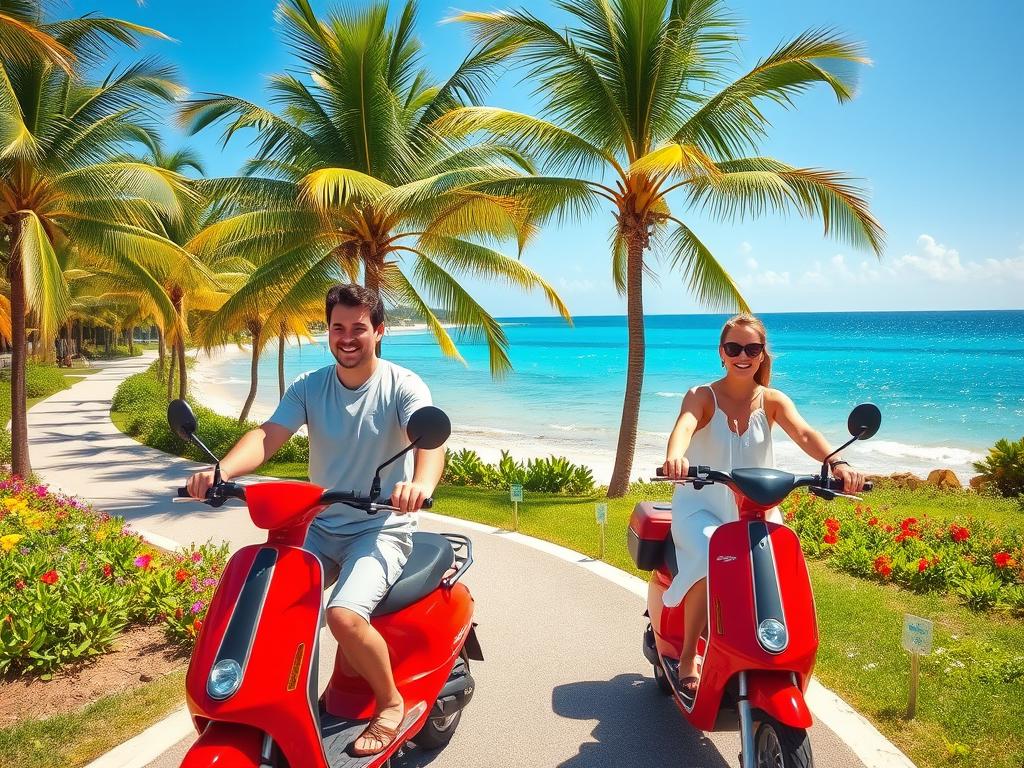 A scenic view of Punta Cana showcasing its beautiful landscapes ideal for exploring on electric scooters. In the foreground, two individuals dressed in casual, modest clothing ride bright red scooters along a scenic coastal path, smiling and enjoying the adventure. The middle ground features lush green palm trees and colorful tropical flowers lining the path, while the sparkling turquoise ocean glistens in the sunlight. In the background, the soft sand of a pristine beach and a clear blue sky create a perfect tropical atmosphere. The image is illuminated by warm, natural sunlight, evoking a cheerful and adventurous mood, captured from a slightly elevated angle to emphasize the vibrant surroundings. A scenic view of Punta Cana showcasing its beautiful landscapes ideal for exploring on electric scooters. In the foreground, two individuals dressed in casual, modest clothing ride bright red scooters along a scenic coastal path, smiling and enjoying the adventure. The middle ground features lush green palm trees and colorful tropical flowers lining the path, while the sparkling turquoise ocean glistens in the sunlight. In the background, the soft sand of a pristine beach and a clear blue sky create a perfect tropical atmosphere. The image is illuminated by warm, natural sunlight, evoking a cheerful and adventurous mood, captured from a slightly elevated angle to emphasize the vibrant surroundings.