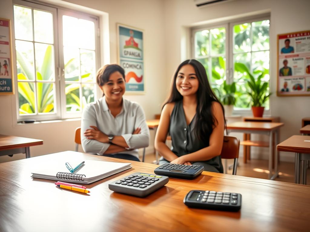 A serene classroom setting designed for Spanish tutoring in the Dominican Republic. In the foreground, a wooden desk with a notepad, colorful pens, and a calculator, symbolizing budgeting and pricing. In the middle ground, a professional-looking tutor, dressed in modest casual attire, is seated, engaging with a smiling student, who appears focused and eager to learn. Sunlight streams through large windows, illuminating the room with a warm and inviting glow. On the walls, educational posters featuring Spanish vocabulary and Dominican culture add richness. In the background, lush greenery outside hints at the tropical setting, creating a peaceful atmosphere. The overall mood is encouraging and supportive, reflecting the theme of learning and growth in language education.