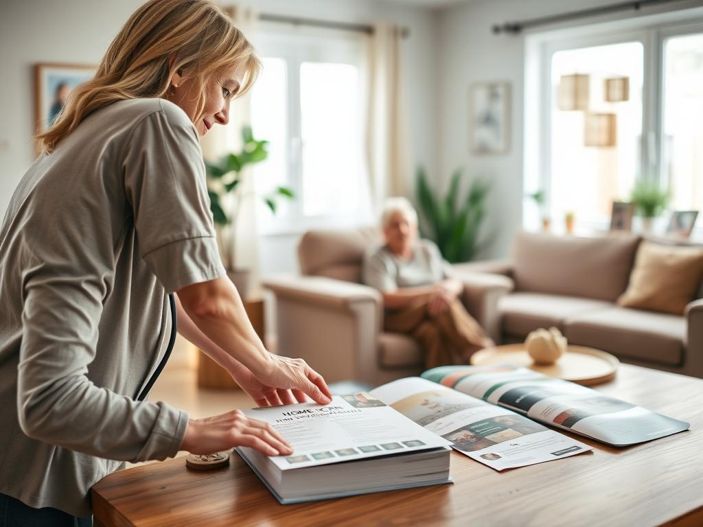 A serene home setting focused on an elderly person sitting comfortably in a well-lit living room, surrounded by cozy furniture and soft light filtering through a window. In the foreground, a professional caregiver, dressed in modest casual clothing, attentively provides assistance, showing kindness and patience. The middle ground includes a table with health-related resources such as brochures about home care services and quality assurance procedures, symbolizing guidance and support. In the background, a warm and inviting atmosphere is created with plants and family pictures, enhancing the sense of home and care. The overall mood is calming and reassuring, depicting a safe and supportive environment for elderly care. A serene home setting focused on an elderly person sitting comfortably in a well-lit living room, surrounded by cozy furniture and soft light filtering through a window. In the foreground, a professional caregiver, dressed in modest casual clothing, attentively provides assistance, showing kindness and patience. The middle ground includes a table with health-related resources such as brochures about home care services and quality assurance procedures, symbolizing guidance and support. In the background, a warm and inviting atmosphere is created with plants and family pictures, enhancing the sense of home and care. The overall mood is calming and reassuring, depicting a safe and supportive environment for elderly care.