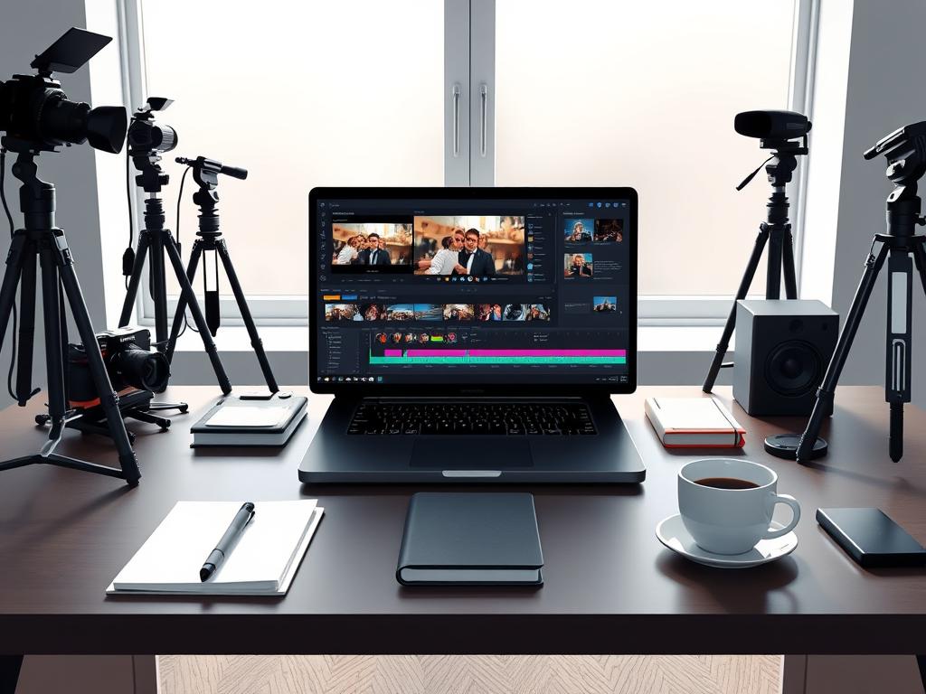 A sleek and modern video editing workflow illustration, featuring a well-organized workspace. In the foreground, a laptop displays video editing software with vibrant clips and color grading tools. To the sides, various camera equipment and accessories, like tripods and microphones, suggest a professional setting. The middle layer features neatly arranged notebooks and a coffee cup, adding a personal touch. In the background, a large window lets in soft, natural light, casting gentle shadows across the desk. The overall mood is focused and creative, communicating the ease of video editing for local influencers. The scene is designed to inspire productivity and organization, capturing the essence of a replicable workflow.
