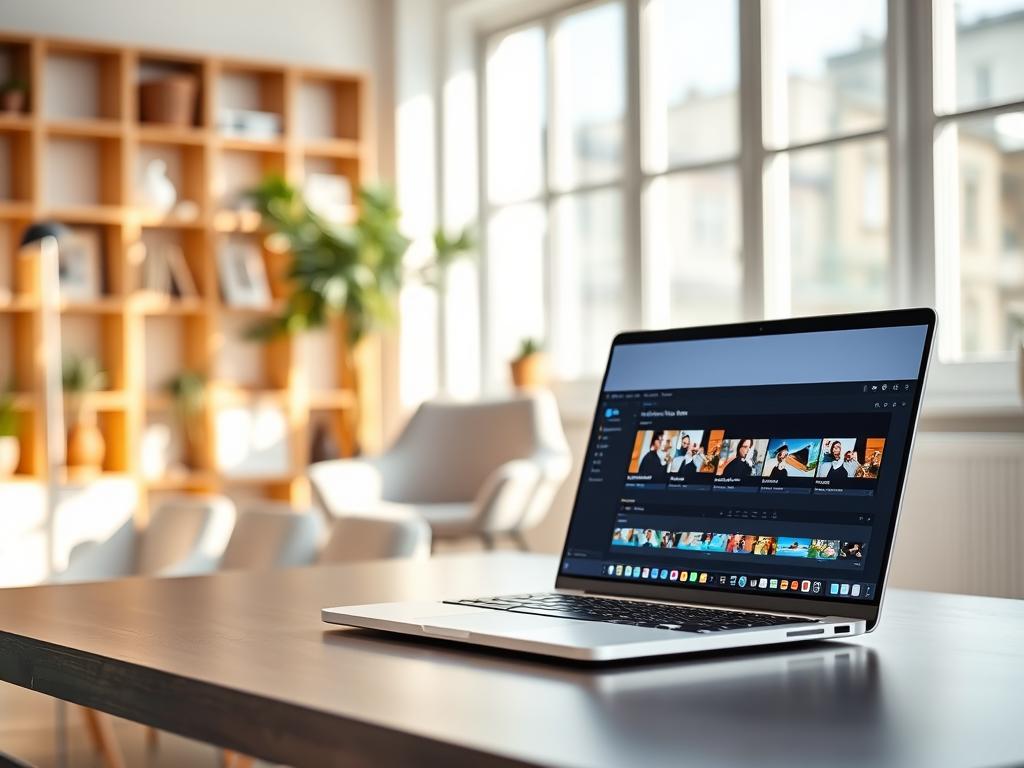 A sleek, modern cloud-based video editing tool interface displayed on a high-resolution laptop screen, placed on a tidy desk in a bright, airy workspace. In the foreground, the laptop is open, showcasing vibrant video clips, transitions, and editing tools organized intuitively. In the middle ground, a stylish chair complements the desk, with soft lighting emphasized by a large window illuminating the workspace. In the background, a large potted plant and minimalist bookshelf add a touch of life and creativity to the environment. The overall atmosphere is professional yet inviting, with a sense of productivity and innovation, suggesting ease of use and efficiency for content creators. The image should have a clean, polished aesthetic with a slight depth of field effect, drawing focus to the laptop.