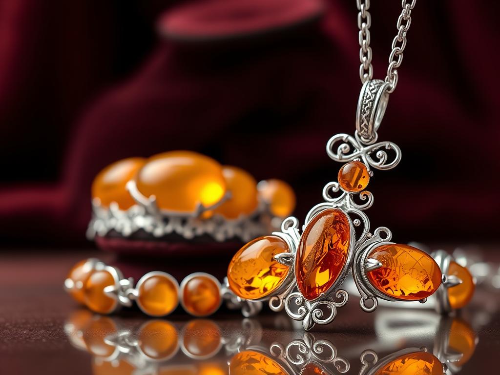 A stunning close-up of an exquisite piece of jewelry combining 925 silver and amber. In the foreground, showcase a beautifully crafted silver necklace and bracelet, both adorned with polished amber stones that radiate warm hues of orange and yellow. The silver features intricate filigree designs that contrast elegantly with the amber's organic texture. In the middle ground, softly blurred, a delicate display stand highlights the jewelry against a rich, dark velvet background that enhances the warm tones of the amber and the luster of the silver. Utilize soft, diffused lighting to create an inviting atmosphere, emphasizing the elegance and authenticity of the pieces. Incorporate a slight angle for depth, capturing the details of the craftsmanship, and evoking a feeling of luxury and sophistication.