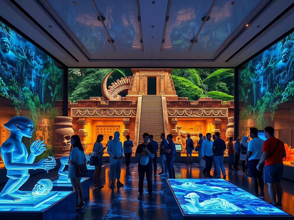 A stunning visualization of the "Museo Digital de Copán," showcasing an immersive 3D experience of the Maya ruins. In the foreground, vibrant holographic displays of intricate Maya sculptures and artifacts, with a diverse group of visitors in modest casual clothing, engaged in interactive learning. The middle ground features a sleek, modern museum interior, characterized by bright LED lighting highlighting the exhibits, creating a warm and inviting atmosphere. In the background, large glass windows reveal lush Copán jungle scenery, blending nature with technology. The image is captured from a slightly elevated angle, providing a panoramic view that emphasizes both the digital exhibits and the scenic beauty outside. Overall, the mood is one of exploration and discovery, inspiring curiosity and connection to the ancient Maya culture.
