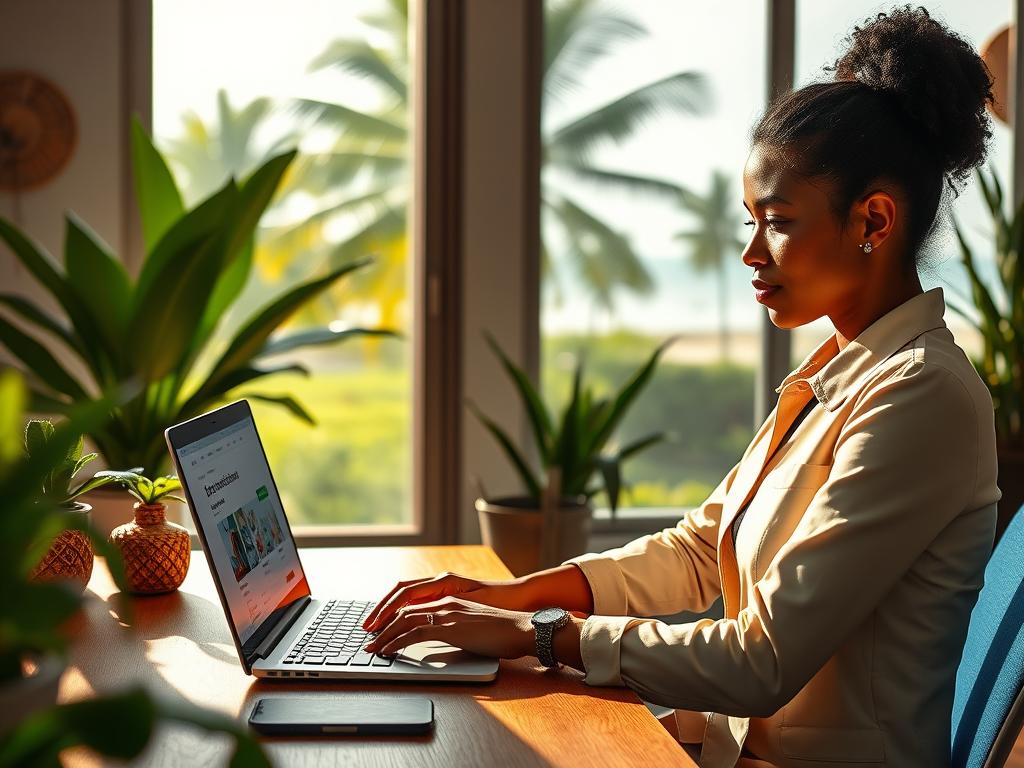 A tranquil workspace environment in the Dominican Republic, showcasing a vibrant and colorful office setting. In the foreground, a young Dominican woman dressed in smart casual attire is seated at a modern wooden desk, thoughtfully reviewing a laptop screen displaying microtask opportunities. She has a focused expression, surrounded by tropical plants and decorative cultural elements that reflect the local heritage. The middle ground features a bright window with sunlight pouring in, casting soft shadows that create a warm atmosphere. In the background, the lush Dominican landscape is visible, with palm trees and a distant beach. The overall lighting is natural and inviting, creating a sense of productivity and opportunity. The mood is optimistic and professional, emphasizing the theme of potential in the microtask economy. A tranquil workspace environment in the Dominican Republic, showcasing a vibrant and colorful office setting. In the foreground, a young Dominican woman dressed in smart casual attire is seated at a modern wooden desk, thoughtfully reviewing a laptop screen displaying microtask opportunities. She has a focused expression, surrounded by tropical plants and decorative cultural elements that reflect the local heritage. The middle ground features a bright window with sunlight pouring in, casting soft shadows that create a warm atmosphere. In the background, the lush Dominican landscape is visible, with palm trees and a distant beach. The overall lighting is natural and inviting, creating a sense of productivity and opportunity. The mood is optimistic and professional, emphasizing the theme of potential in the microtask economy.