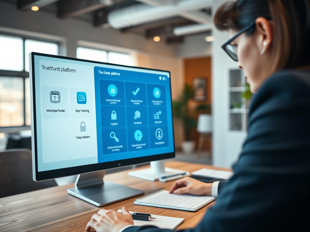 A trustworthy digital platform with a sleek, modern interface displayed on a computer screen, situated on a wooden desk. In the foreground, a professional person in business attire, focused and engaging with the computer, conveys confidence. The screen shows intuitive app testing features and security icons, symbolizing quality and reliability. In the middle ground, a notepad and pen are neatly placed, hinting at detailed work and analysis. The background features a well-organized office environment with soft, natural lighting illuminating the space, creating a warm and inviting atmosphere. Capture the essence of professionalism and dependability, using a subtle depth of field to emphasize the subject while softly blurring the background. A trustworthy digital platform with a sleek, modern interface displayed on a computer screen, situated on a wooden desk. In the foreground, a professional person in business attire, focused and engaging with the computer, conveys confidence. The screen shows intuitive app testing features and security icons, symbolizing quality and reliability. In the middle ground, a notepad and pen are neatly placed, hinting at detailed work and analysis. The background features a well-organized office environment with soft, natural lighting illuminating the space, creating a warm and inviting atmosphere. Capture the essence of professionalism and dependability, using a subtle depth of field to emphasize the subject while softly blurring the background.