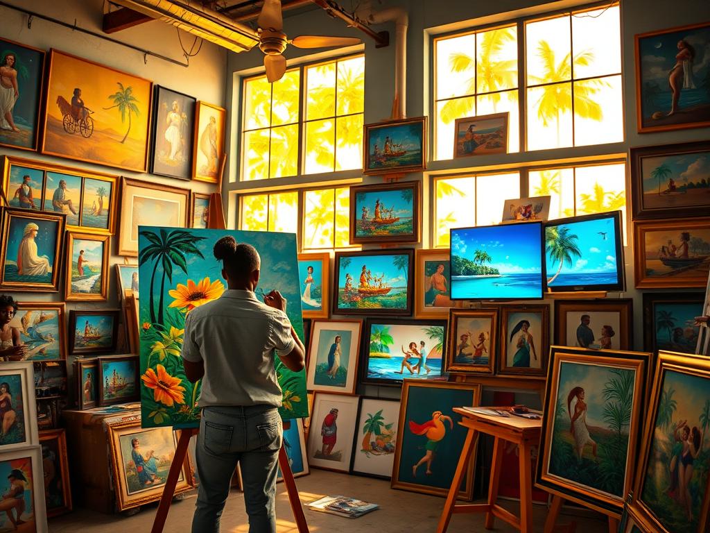 A vibrant Caribbean art studio filled with colorful artwork, showcasing a variety of styles suitable for NFTs. In the foreground, an artist in professional casual clothing is painting an abstract piece inspired by tropical landscapes, with vivid hues of blue, green, and gold. The middle ground features various framed pieces, including digital screens displaying animated artworks and traditional paintings. The background reveals large windows allowing warm, golden sunlight to stream in, creating a lively and creative atmosphere. The scene captures the essence of Caribbean culture, reflecting energy, creativity, and the potential of transforming unique artworks into NFTs. The image is brightly lit, with soft shadows enhancing the textures of the artwork. A vibrant Caribbean art studio filled with colorful artwork, showcasing a variety of styles suitable for NFTs. In the foreground, an artist in professional casual clothing is painting an abstract piece inspired by tropical landscapes, with vivid hues of blue, green, and gold. The middle ground features various framed pieces, including digital screens displaying animated artworks and traditional paintings. The background reveals large windows allowing warm, golden sunlight to stream in, creating a lively and creative atmosphere. The scene captures the essence of Caribbean culture, reflecting energy, creativity, and the potential of transforming unique artworks into NFTs. The image is brightly lit, with soft shadows enhancing the textures of the artwork.