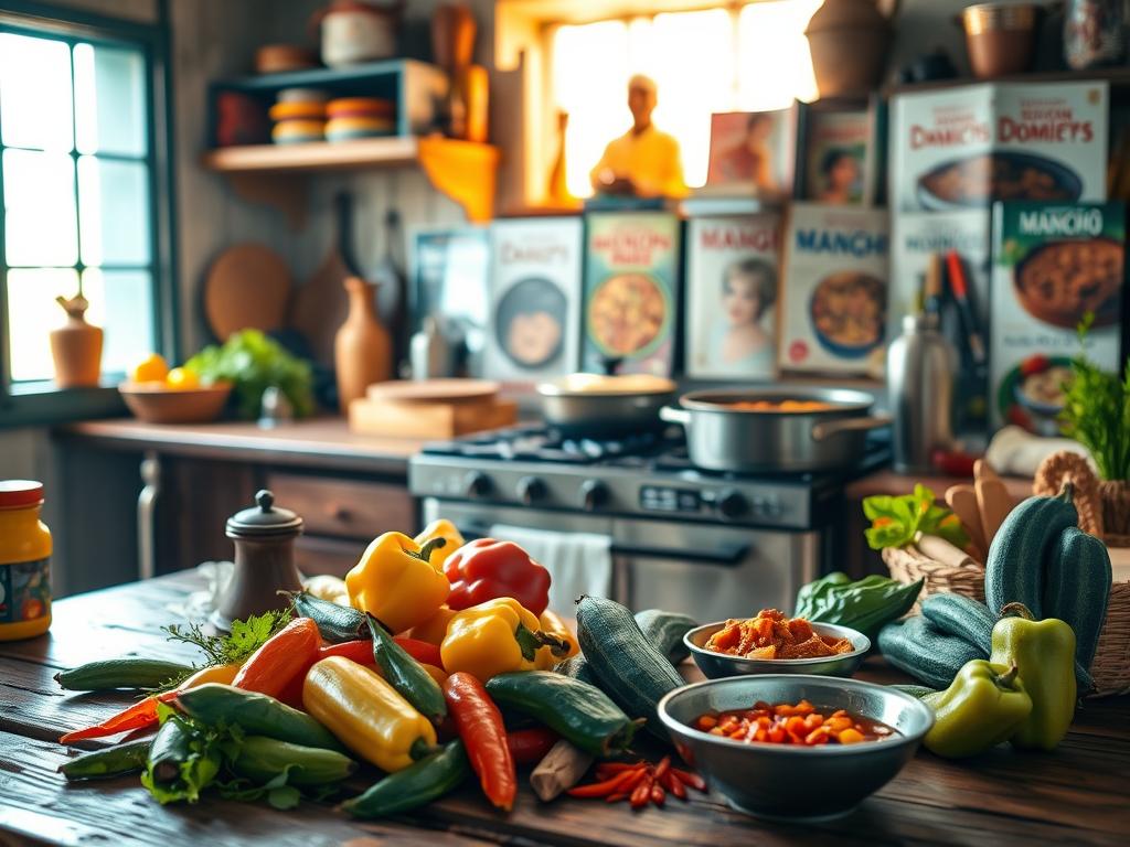 A vibrant Dominican kitchen filled with traditional cooking elements. In the foreground, a rustic wooden table is adorned with colorful spices, fresh vegetables like plantains and bell peppers, and traditional cooking utensils. The middle ground features an inviting stove with a pot simmering with a flavorful stew, showcasing rich colors and textures. The background captures warm, natural lighting streaming through a window, illuminating a selection of Dominican cookbooks and dishes displaying iconic recipes, like sancocho and mangú. The atmosphere is lively and welcoming, evoking a sense of community and culinary passion, perfect for home learning. The scene is framed from a slightly elevated angle, emphasizing the delightful arrangement of ingredients and the essence of Dominican gastronomy.
