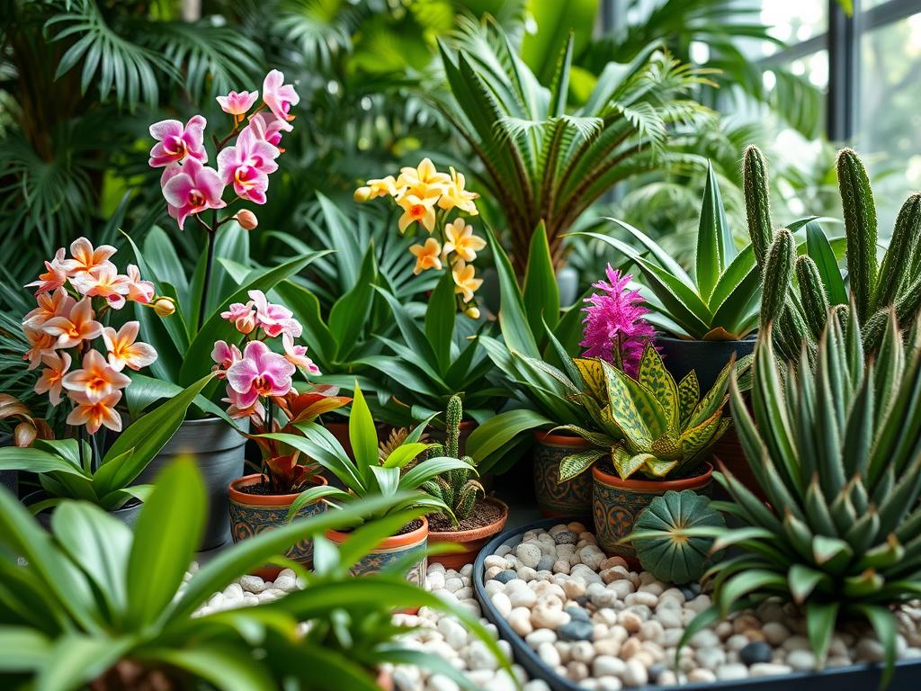 A vibrant and detailed exotic plant catalog scene, showcasing a variety of stunning, tropical plants such as colorful orchids, lush ferns, and unique cacti. In the foreground, a beautifully arranged display features plants in decorative pots surrounded by rich, green leaves and soft pebbles. The middle includes varied plant heights, creating depth, with some plants reaching upwards, while others cascade down. The background is softly blurred, hinting at a lush tropical garden with dappled sunlight filtering through the leaves, casting gentle shadows. The overall mood is inviting and serene, with a bright, natural color palette that emphasizes the vibrant greens and rich hues of the exotic plants. The composition should evoke a sense of wonder and discovery in the viewer. A vibrant and detailed exotic plant catalog scene, showcasing a variety of stunning, tropical plants such as colorful orchids, lush ferns, and unique cacti. In the foreground, a beautifully arranged display features plants in decorative pots surrounded by rich, green leaves and soft pebbles. The middle includes varied plant heights, creating depth, with some plants reaching upwards, while others cascade down. The background is softly blurred, hinting at a lush tropical garden with dappled sunlight filtering through the leaves, casting gentle shadows. The overall mood is inviting and serene, with a bright, natural color palette that emphasizes the vibrant greens and rich hues of the exotic plants. The composition should evoke a sense of wonder and discovery in the viewer.