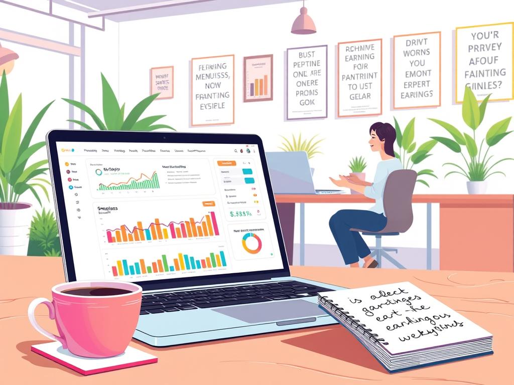 A vibrant and dynamic illustration focusing on the concept of "earnings" related to online activities. In the foreground, a laptop displays a user-friendly dashboard showcasing potential earnings, with colorful graphs and charts indicating positive growth. Next to the laptop, a cup of coffee and a notepad with handwritten strategies enhance the work setting. In the middle ground, a person in business casual attire, appearing engaged and motivated, is seated at a desk, actively reviewing earnings data. The background features a bright office space with soft lighting, plants, and motivational posters about productivity and success. The overall mood should be optimistic and encouraging, reflecting the theme of maximizing gains in a daily routine working with online platforms.