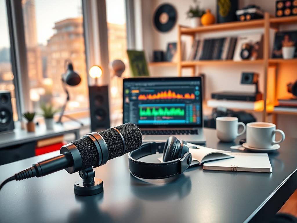 A vibrant and dynamic workspace showcasing elements of audio and music. In the foreground, a high-quality microphone and a pair of over-ear headphones lie on a sleek, modern desk; they symbolize professional audio setups. In the middle ground, a laptop screen displays an audio editing software interface with colorful sound waveforms, while a stylish notebook and a coffee cup add a personal touch. The background features soft, warm lighting that enhances a cozy ambiance, with shelves filled with vinyl records and sound equipment. A window with a view of a lively urban landscape hints at creativity and inspiration. The overall mood is energetic and encouraging, capturing the essence of elevating content through sound.