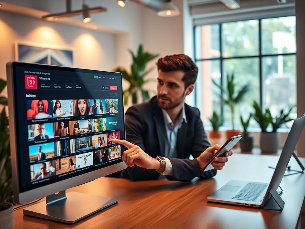 A vibrant and engaging digital workspace showcasing an "ads videos website" theme. In the foreground, a computer screen displays a colorful and dynamic interface of an advertisement platform with various video thumbnails featuring enticing ads. A professional individual in smart casual attire is seated at a desk, intently clicking on ads, portraying interaction and engagement. The middle background includes a sleek, modern workspace with ambient lighting, potted plants, and a large window allowing natural light to pour in, creating a welcoming atmosphere. The background features subtle hints of technology, such as a smartphone displaying notifications, emphasizing digital connection. The overall mood is energetic and productive, highlighting the potential of earning rewards through ad interactions.